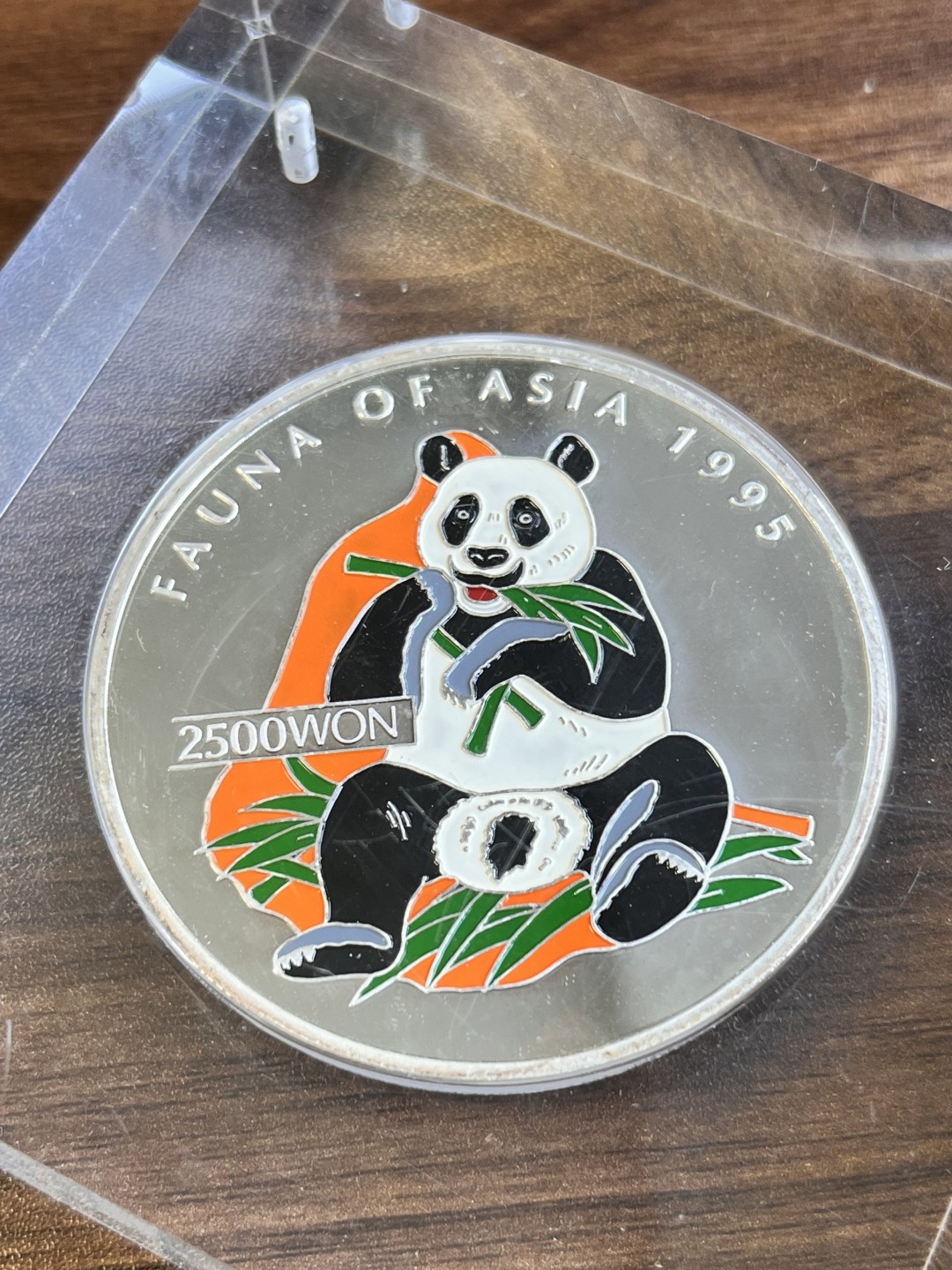 【海寧潮】朝鲜1995年动物大熊猫5盎司彩色精制纪念银币，999银，直径60毫米，发行2500枚
