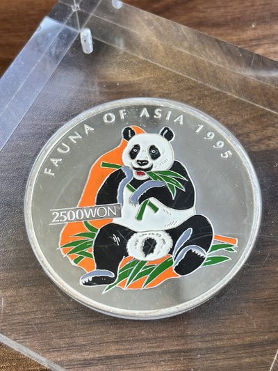 【海寧潮】朝鲜1995年动物大熊猫5盎司彩色精制纪念银币，999银，直径60毫米，发行2500枚