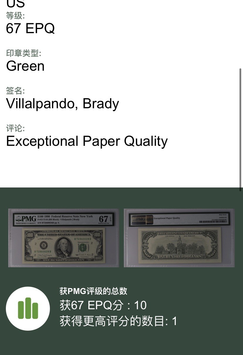 收藏联盟Quantum Auction 第253期拍卖  美国1990年联邦储备券100元 PMG67 稀少高分 号码无4