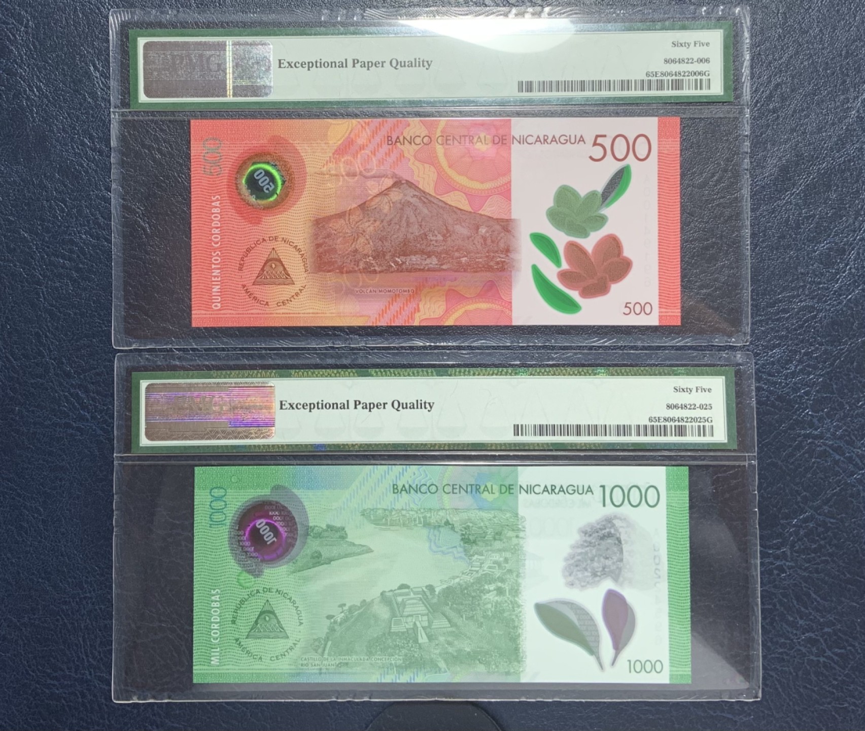 收藏联盟Quantum Auction 第253期拍卖  尼加拉瓜2017年500和1000科罗巴 PMG65 A序列尾二同