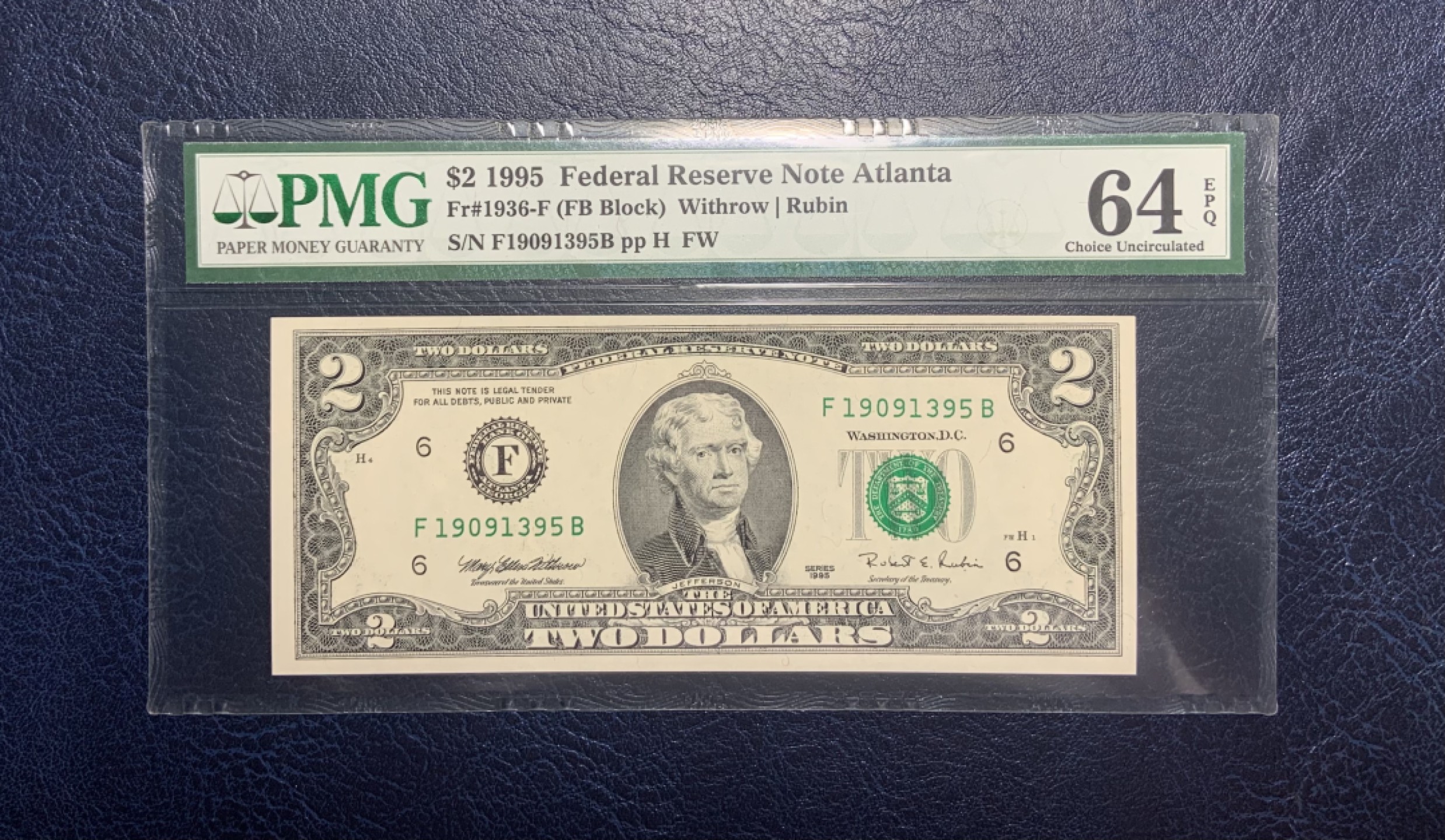 收藏联盟Quantum Auction 第253期拍卖  美国1995年联邦储备券2元 PMG64e