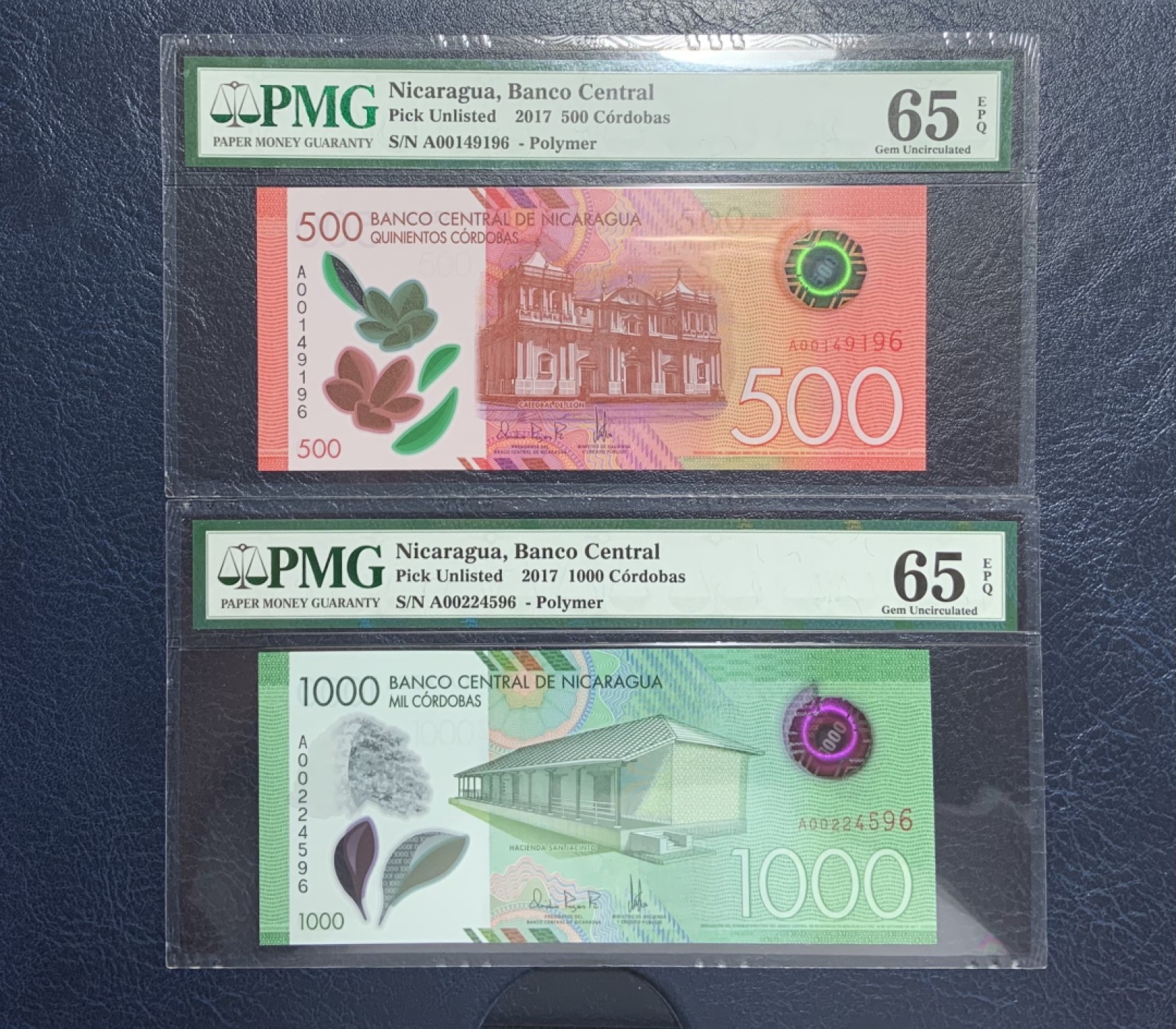 收藏联盟Quantum Auction 第253期拍卖  尼加拉瓜2017年500和1000科罗巴 PMG65 A序列尾二同