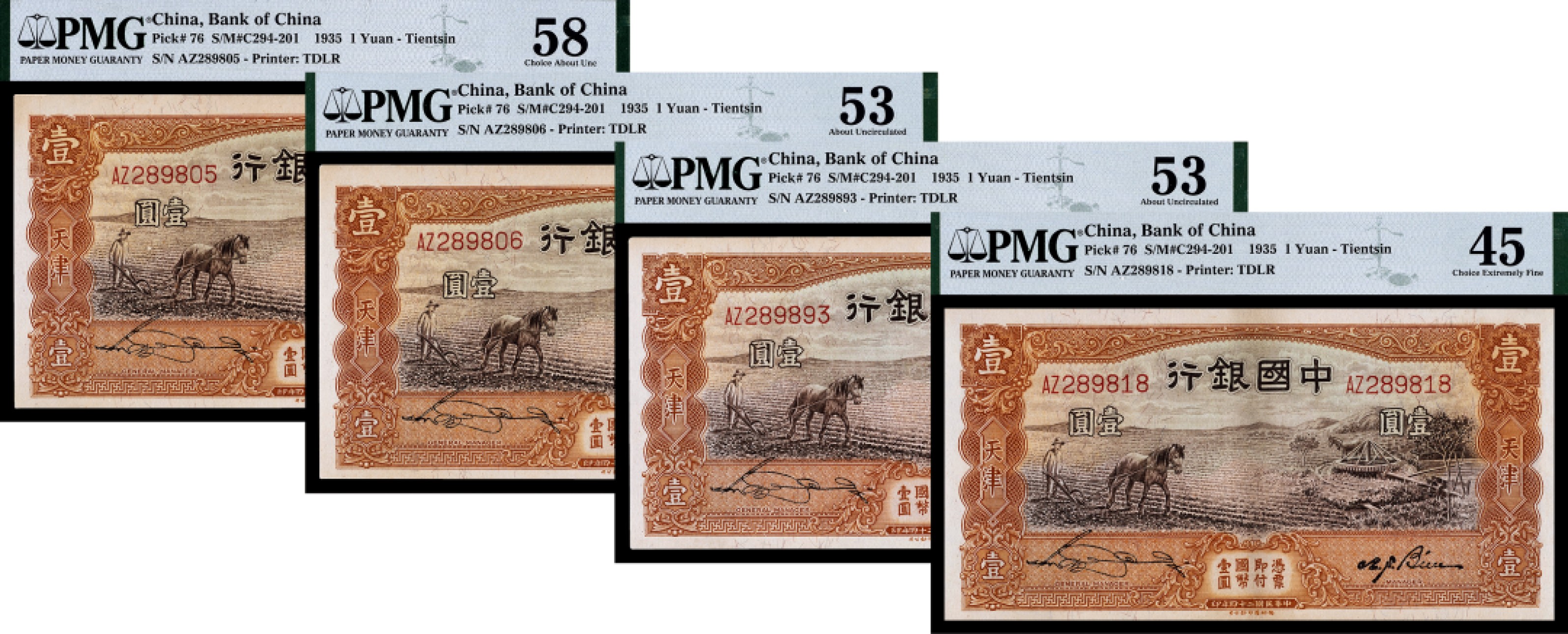 广州中孚2023年春拍-钱币专场 民国二十四年 中国银行 壹圆 4张   PMG-58/53/53/45