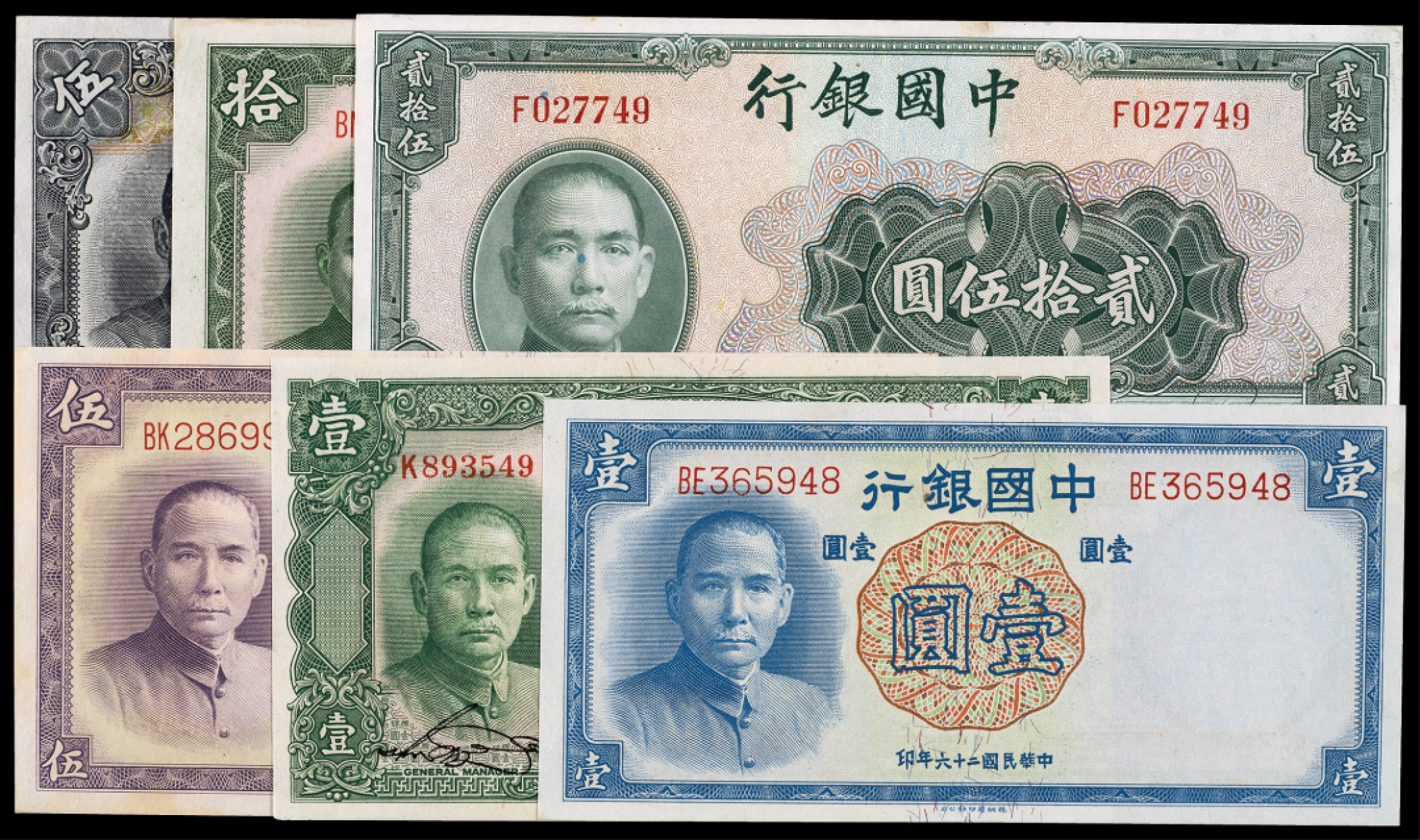 广州中孚2023年春拍-钱币专场 民国 中国银行 贰拾伍圆 拾圆 伍圆伍圆 壹圆壹圆 一组6张 8品