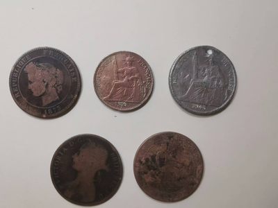 238.【鲸贝乐淘★两拍包邮】三字经·第“亲师友，习礼仪”号拍卖 【越南🇻🇳】法属流通硬币一组5枚，坐像和武女神头像，流通品相如图所示