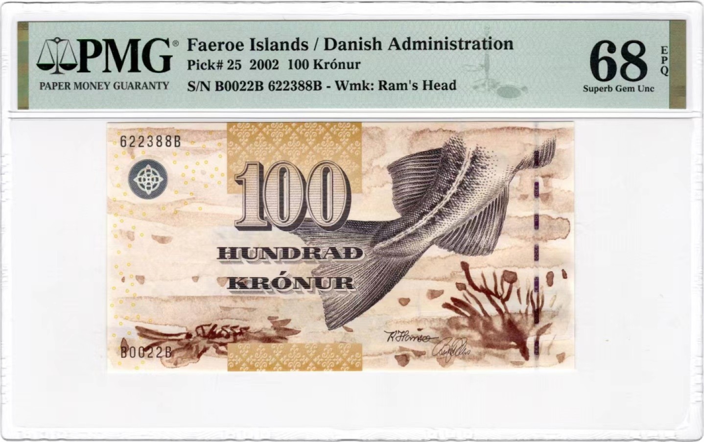 【Blue Auction】✨世界纸币精拍第317期——小精品场 【无47初版】法罗群岛 2002年100克朗 PMG68EPQ 超高分