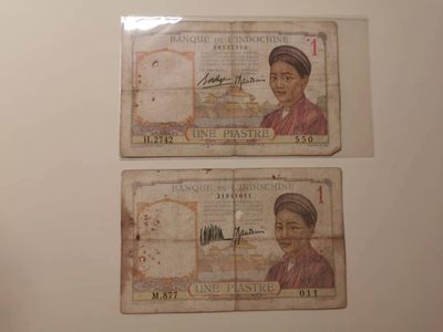 238.【鲸贝乐淘★两拍包邮】三字经·第“亲师友，习礼仪”号拍卖 【越南🇻🇳】东方汇理银行1元1对2张，流通品相如图所示