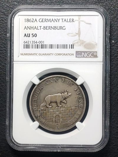 德国安哈特-贝恩堡1862年A版小熊爬墙1泰勒银币  - 德国安哈特-贝恩堡1862年A版小熊爬墙1泰勒银币 