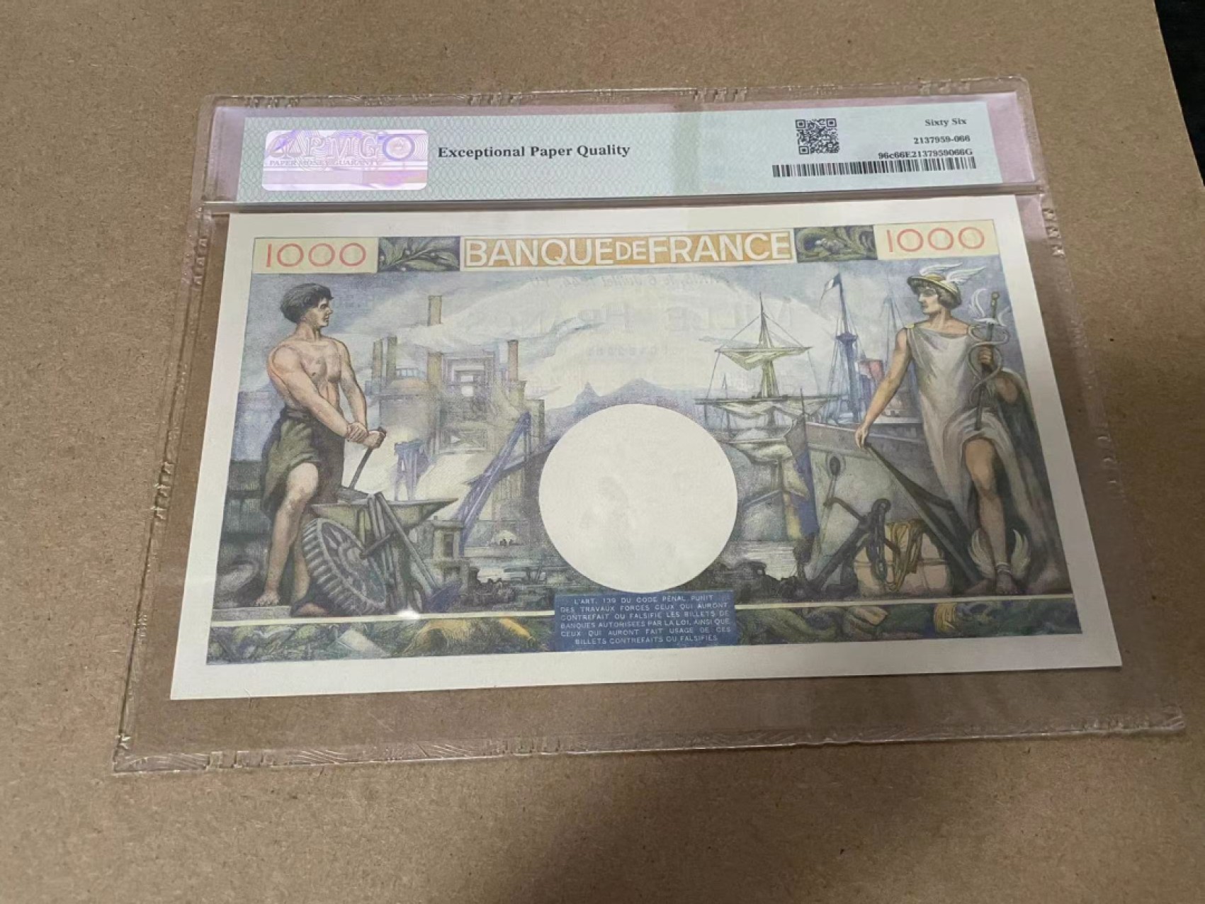 【Blue Auction】✨世界纸币精拍第317期——小精品场 【无47】 法国 1944年1000法郎 PMG66EPQ 大票幅 墨丘利 