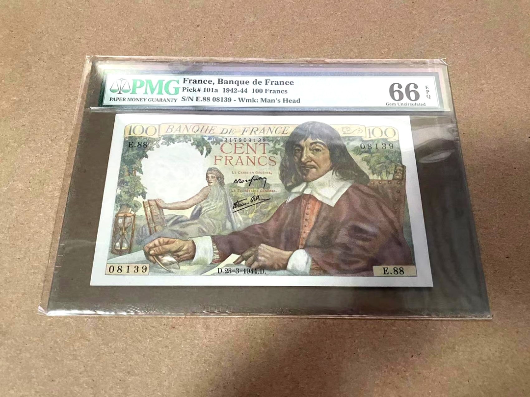 【Blue Auction】✨世界纸币精拍第317期——小精品场 【无47】法国 1944年100法郎 PMG66EPQ 笛卡尔  