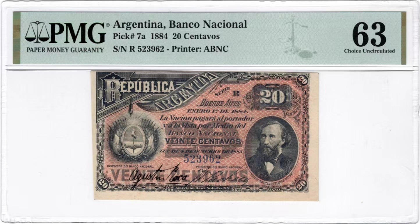 【Blue Auction】✨世界纸币精拍第317期——小精品场 【p7a早期少见品种 唯一冠军分】阿根廷 1884年20分 ABNC出品 PMG63 