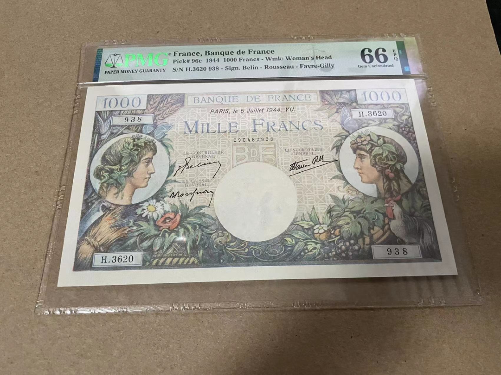 【Blue Auction】✨世界纸币精拍第317期——小精品场 【无47】 法国 1944年1000法郎 PMG66EPQ 大票幅 墨丘利 