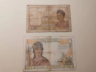 238.【鲸贝乐淘★两拍包邮】三字经·第“亲师友，习礼仪”号拍卖 【越南🇻🇳】法属东方汇理银行1元.5元一对，流通品相如图所示