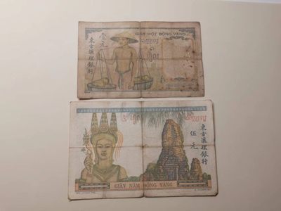 238.【鲸贝乐淘★两拍包邮】三字经·第“亲师友，习礼仪”号拍卖 【越南🇻🇳】法属东方汇理银行1元.5元一对，流通品相如图所示