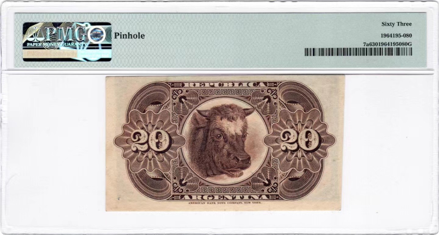 【Blue Auction】✨世界纸币精拍第317期——小精品场 【p7a早期少见品种 唯一冠军分】阿根廷 1884年20分 ABNC出品 PMG63 