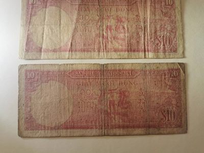 238.【鲸贝乐淘★两拍包邮】三字经·第“亲师友，习礼仪”号拍卖 【越南🇻🇳】1947年东方汇理银行10元2张一对，流通品相如图所示