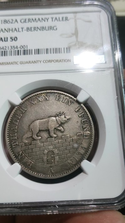 德国安哈特-贝恩堡1862年A版小熊爬墙1泰勒银币 