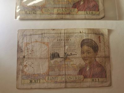 238.【鲸贝乐淘★两拍包邮】三字经·第“亲师友，习礼仪”号拍卖 【越南🇻🇳】东方汇理银行1元1对2张，流通品相如图所示