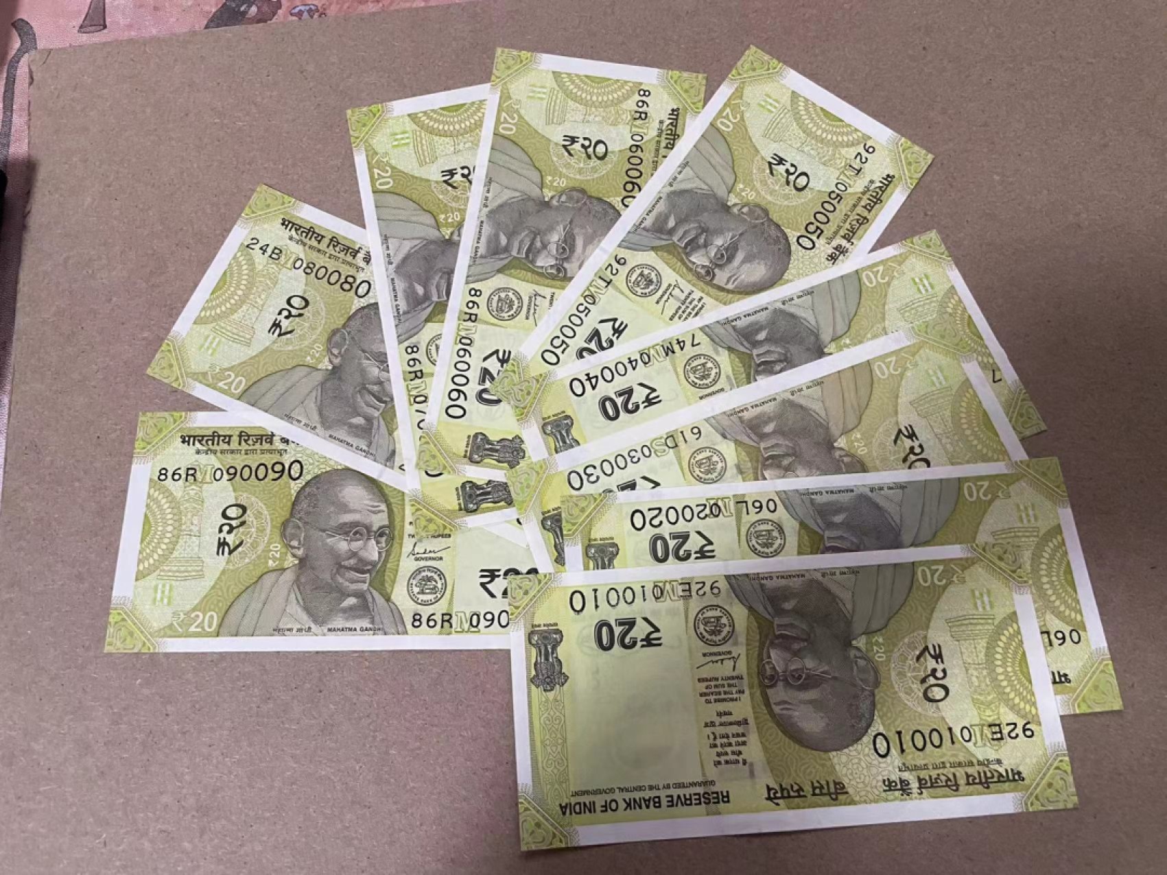 【Blue Auction】✨世界纸币精拍第317期——小精品场 【一组9张 雷达号 重复号 二进制号 倒置号】印度 2022年20卢比 010010~ 090090 全新UNC