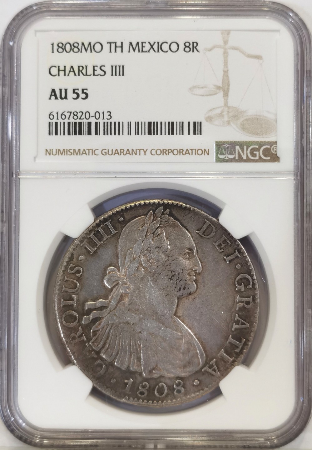 博洋堂世界钱币拍卖第024期（全场包邮） NGC AU55 墨西哥卡洛斯四世 1808 8里亚尔 淡金彩色包浆 底光十足 价值洼地 收藏性价比高