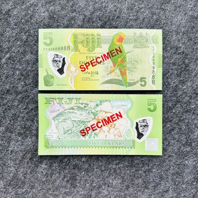 80th ¥¥ 🐰 大洋洲塑料钞和纸钞（获奖钞，样票，靓号） - 斐济2022年5元，FFA首发冠+全同8，样票（FFA888888），市场价400+