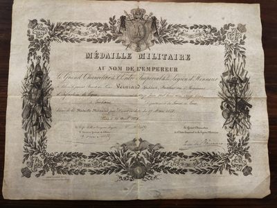 崇实勋章拍卖所（第11期法章） - 法国二帝时期军事功勋证书 FRANCE . Brevet de la Médaille Militaire à un Maréchal des logis de la Gendarmerie du Rhône, 1864, parchemin 授予罗纳河宪兵队元帅的军事勋章，1864年，羊皮纸