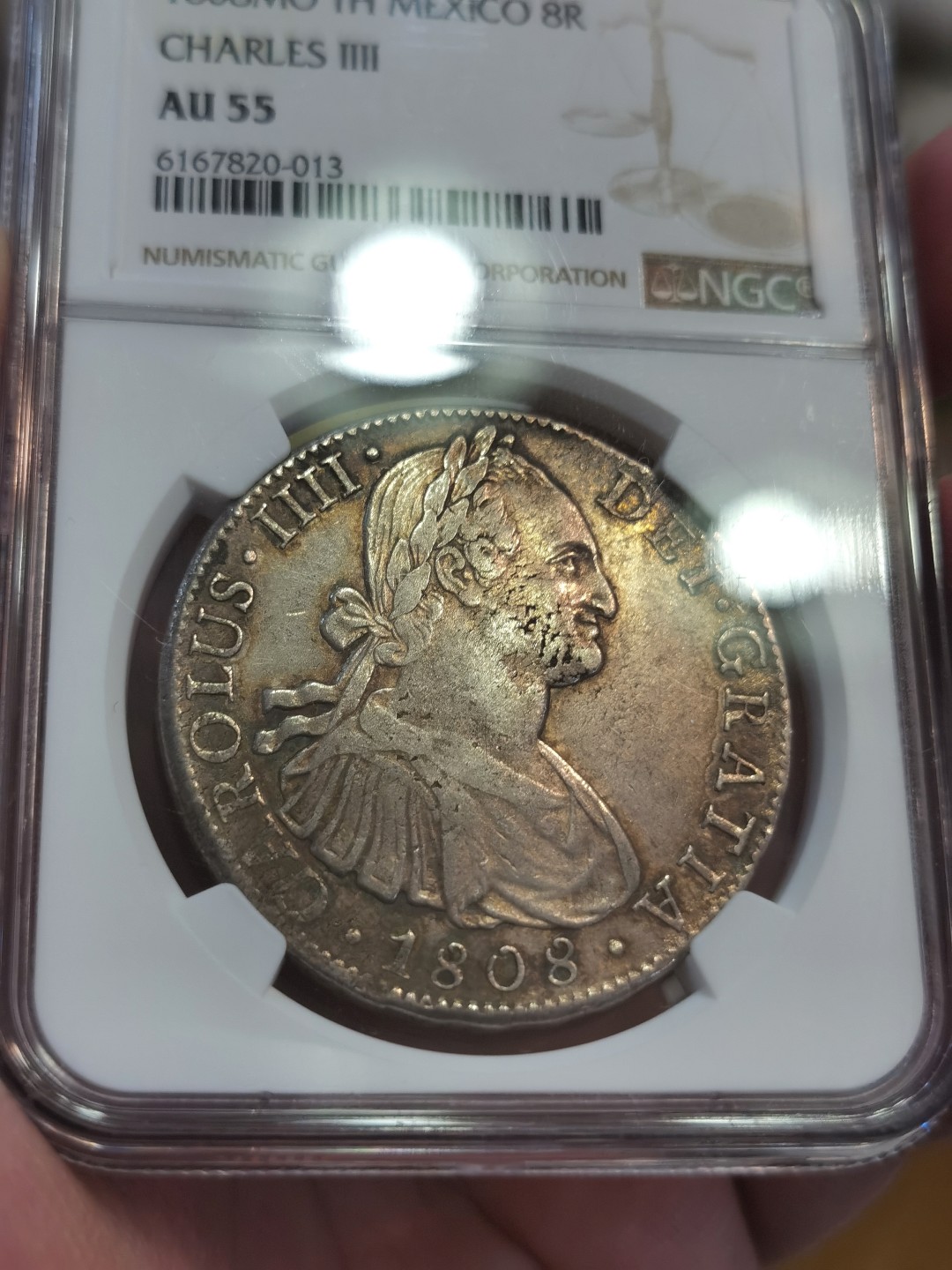 博洋堂世界钱币拍卖第024期（全场包邮） NGC AU55 墨西哥卡洛斯四世 1808 8里亚尔 淡金彩色包浆 底光十足 价值洼地 收藏性价比高