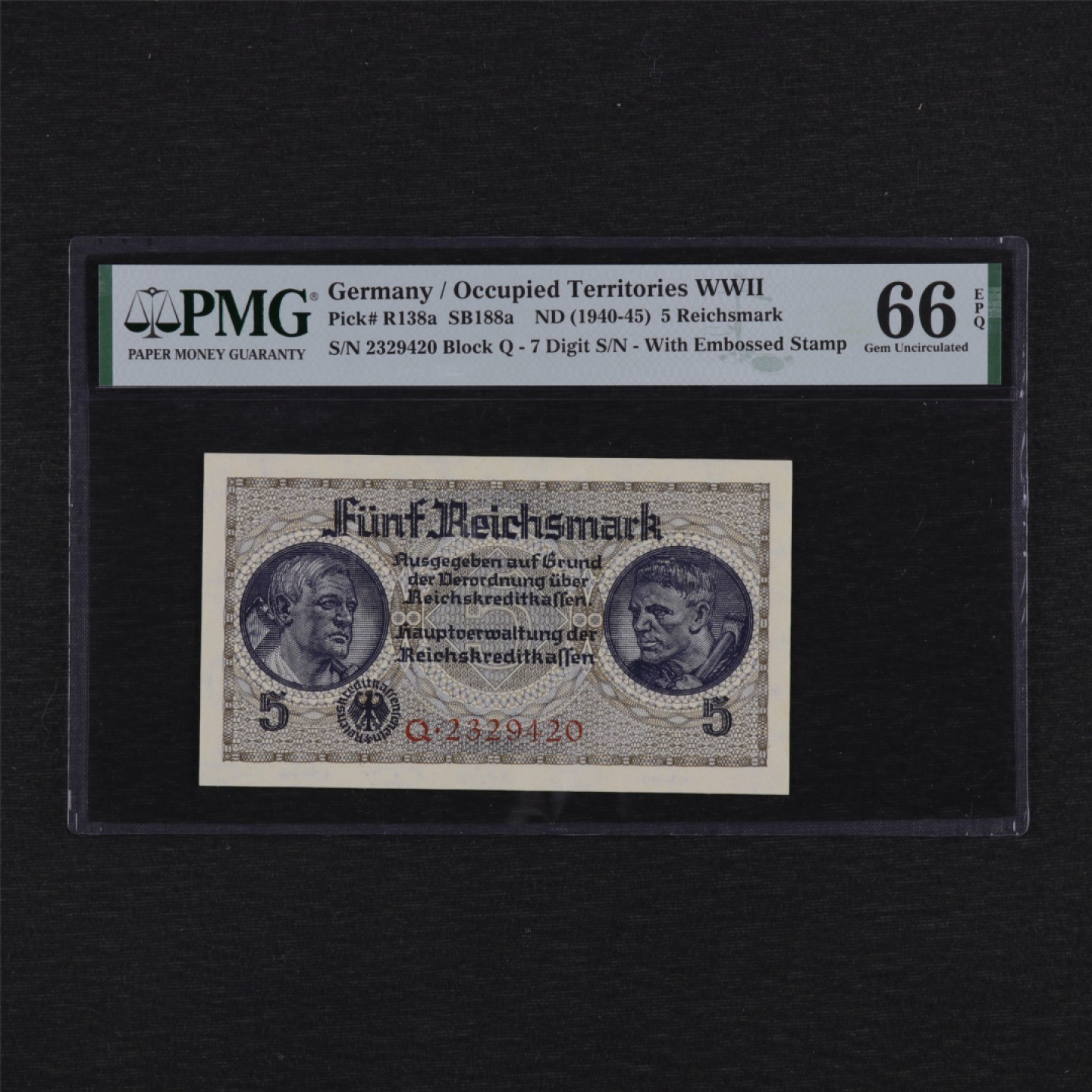 【亘邦集藏】第157期拍卖 1940-45年 德国5马克 PMG 66EPQ 2329420