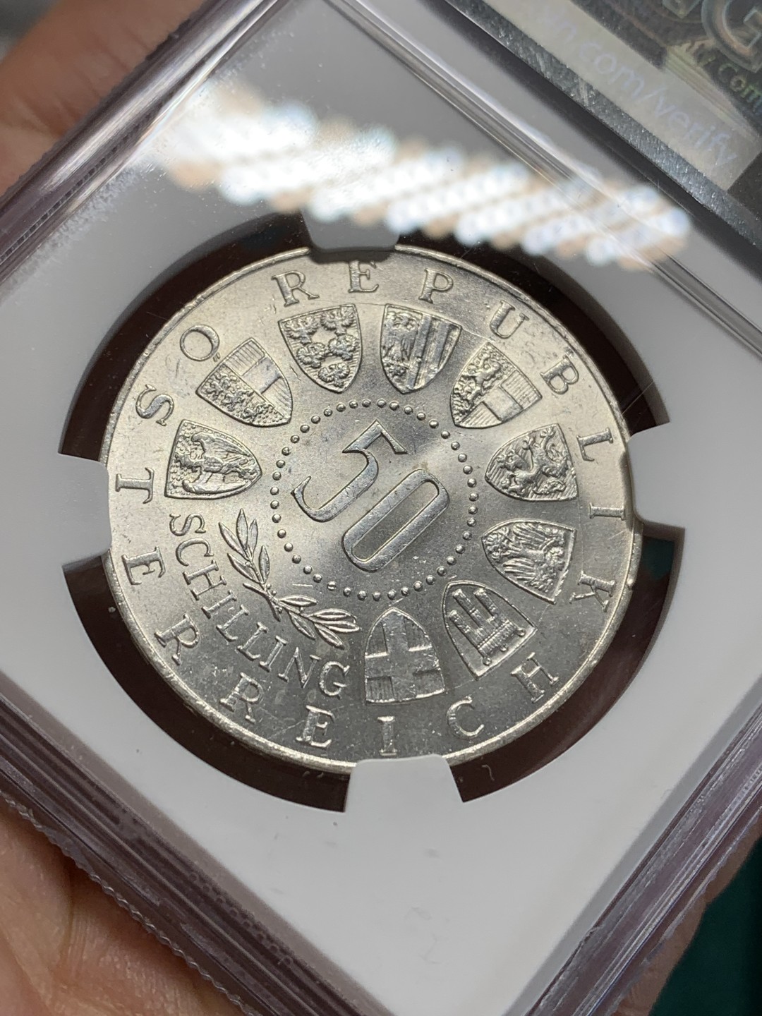 《竞宝斋》第159场-周日，周一 2场 (全场包邮) NGC-MS64 奥地利1963年 联盟纪念50先令大银币 好品好状态