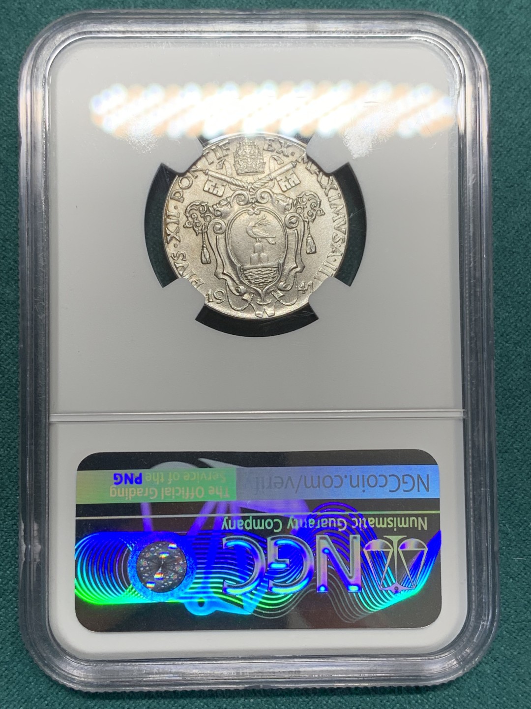 《竞宝斋》第159场-周日，周一 2场 (全场包邮) NGC-MS64，梵蒂冈1941年50分，战斗天使，梵蒂冈铸币设计巅峰，造型时尚已很难买到