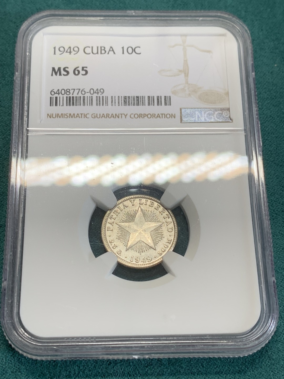 《竞宝斋》第159场-周日，周一 2场 (全场包邮) NGC-MS65 古巴1949年 大五星10分银币 这品种62内的容易 超过62的就难了，  这枚品相就是可遇不可求的了