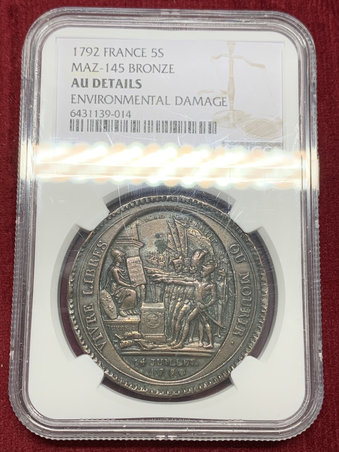 《竞宝斋》第159场-周日，周一 2场 (全场包邮) NGC-AUD 法国 1792年 5Sols 莫奈龙 青铜币 浮雕依旧清晰