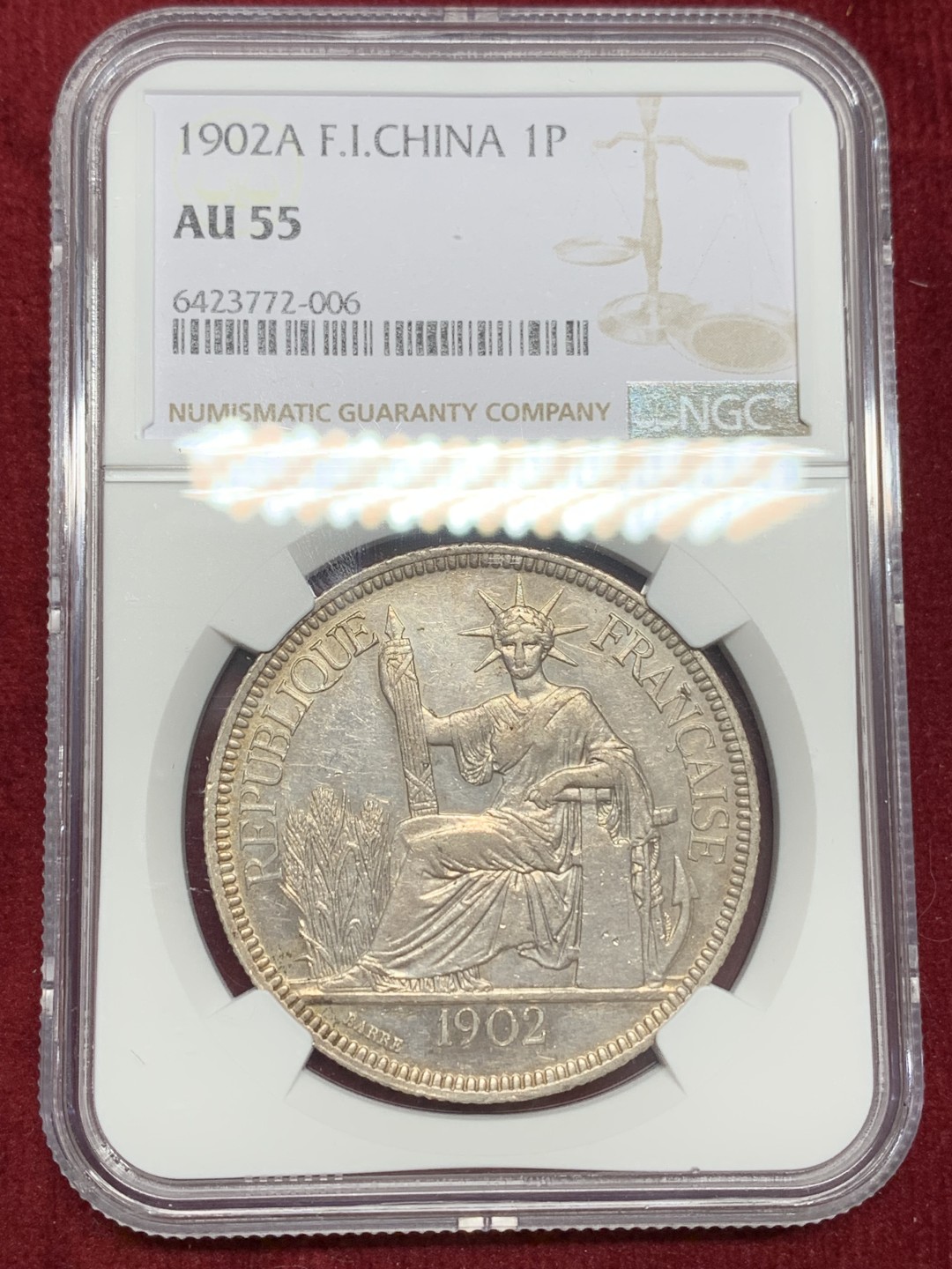 《竞宝斋》第159场-周日，周一 2场 (全场包邮) NGC-AU55 法属印度支那 1902年 1皮亚斯特 坐洋价格稳步上升，此枚略有低评，上车坐洋的不二之选