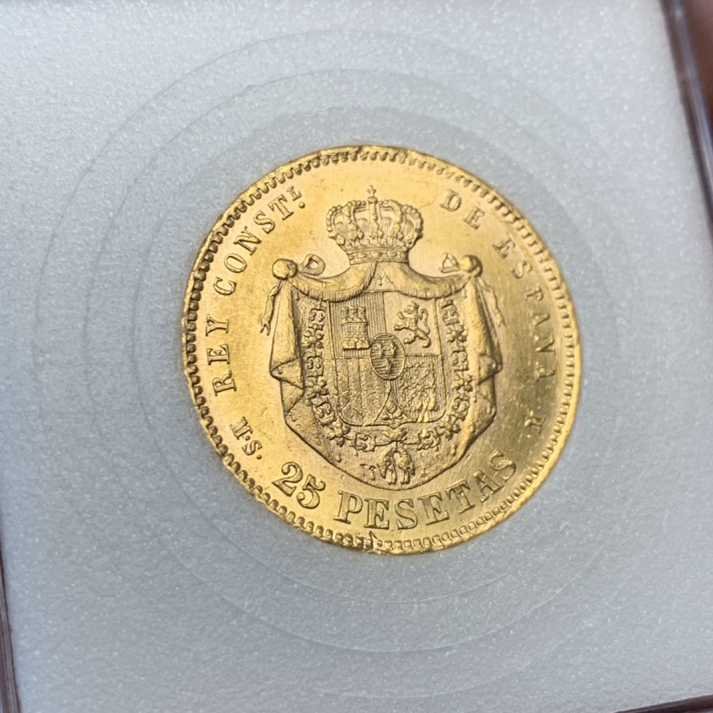 《竞宝斋》第159场-周日，周一 2场 (全场包邮) 1880年 西班牙金币 25比塞塔 8.06克 阿方索十二世 UNC底板状态很棒