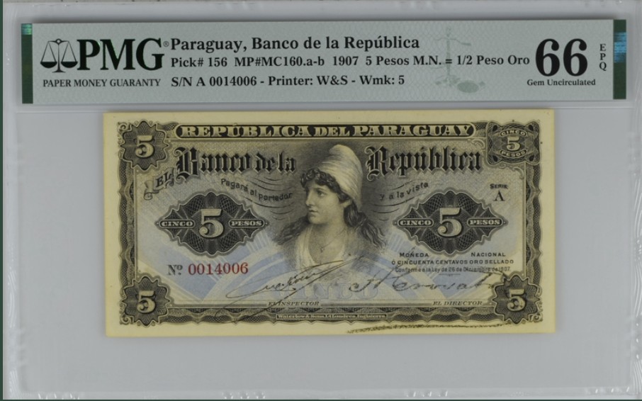 收藏联盟Quantum Auction 第254期拍卖  巴拉圭1907年5比索等值0.5银比索 PMG66 首发冠
