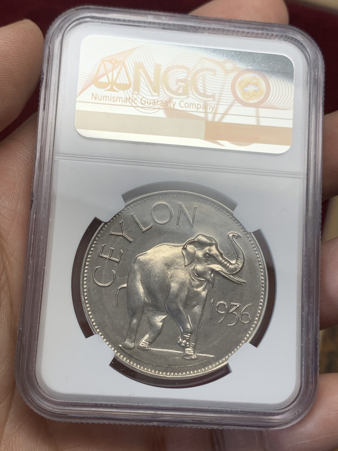 《竞宝斋》第159场-周日，周一 2场 (全场包邮) NGC-PF65 锡兰1936 大象1克朗大银币 少见品种