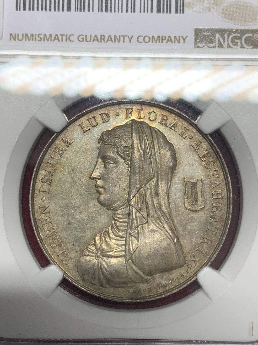 《竞宝斋》第159场-周日，周一 2场 (全场包邮) NGC-MS62 法国图卢兹1819年花卉文学节银质奖章，名家设计，女神及花卉优美典雅，淡灰彩浆，镜面感强，维克多雨果曾于1817年获该奖