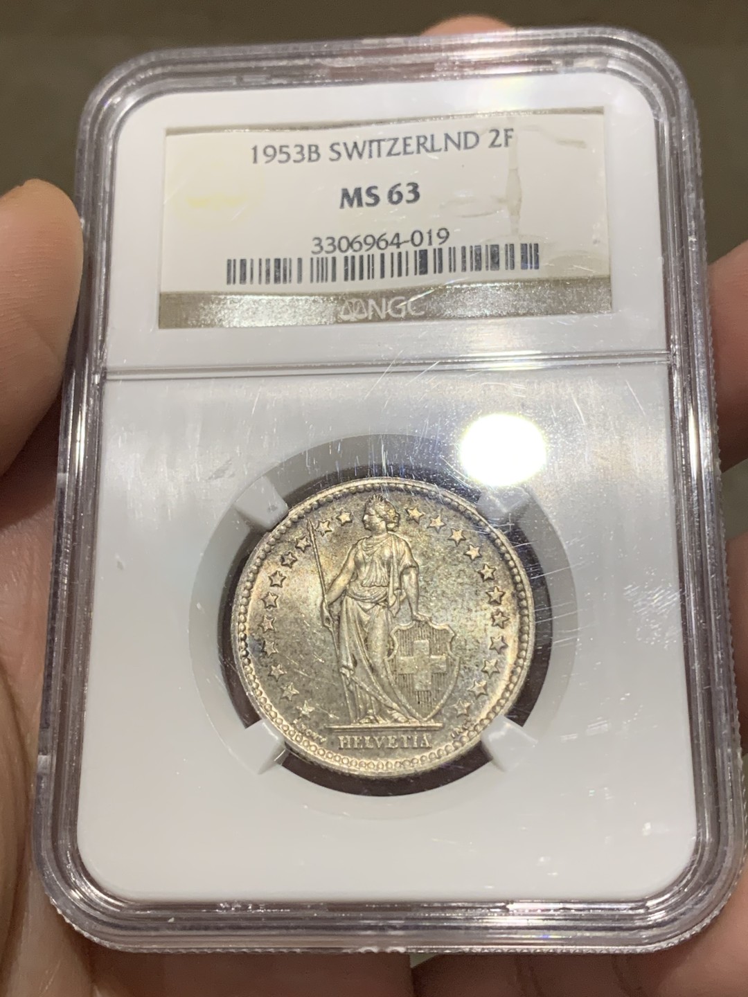 《竞宝斋》第159场-周日，周一 2场 (全场包邮) NGC-MS63 1953年 瑞士2法郎银币，赫尔维蒂娅女神。后期特年，1940后发行量最少的年份，书价是常见6x年的4-5倍