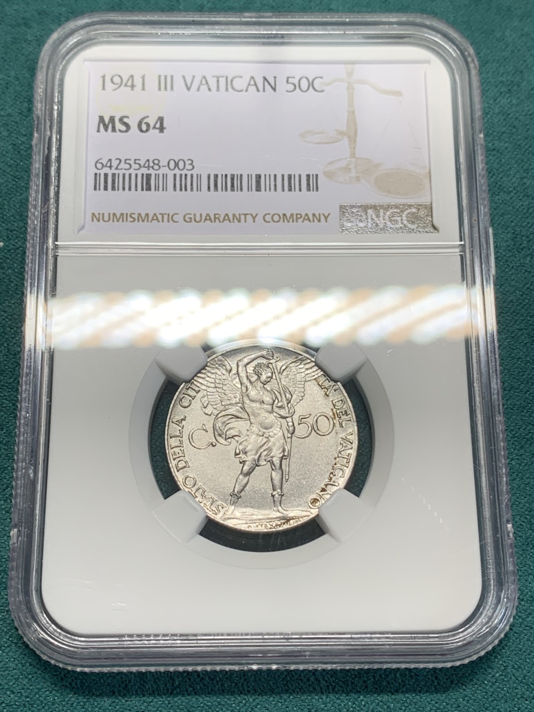 《竞宝斋》第159场-周日，周一 2场 (全场包邮) NGC-MS64，梵蒂冈1941年50分，战斗天使，梵蒂冈铸币设计巅峰，造型时尚已很难买到