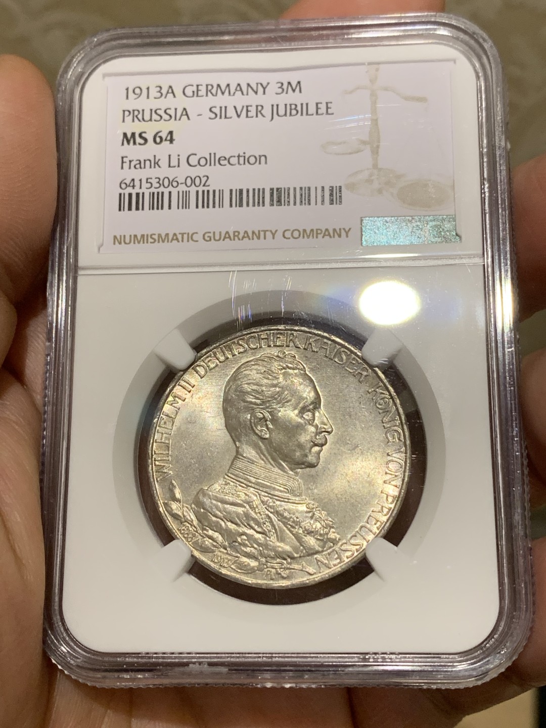 《竞宝斋》第159场-周日，周一 2场 (全场包邮) NGC-MS64 德国1913 普鲁士威廉二世军装3马克，高亮车轮光