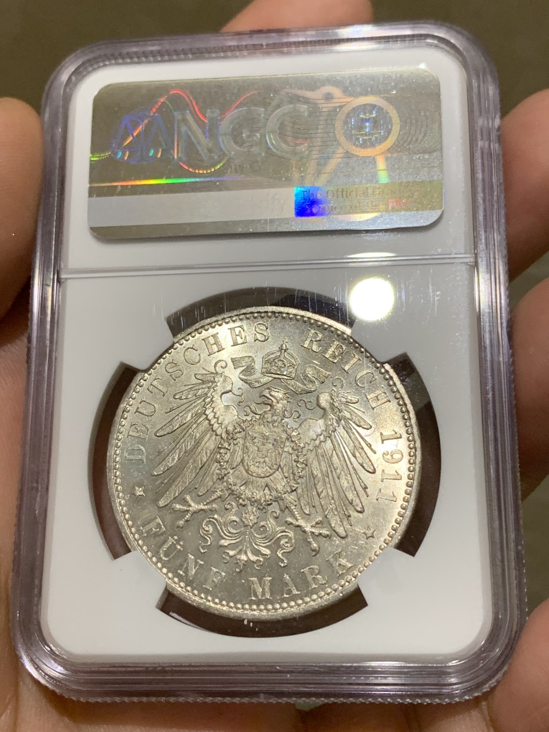 《竞宝斋》第159场-周日，周一 2场 (全场包邮) NGC-MS63 德国 1911年 5马克 大银币 巴伐利亚  摄政王90大寿纪念银币 细节完美 高分难得 鹰面64水平