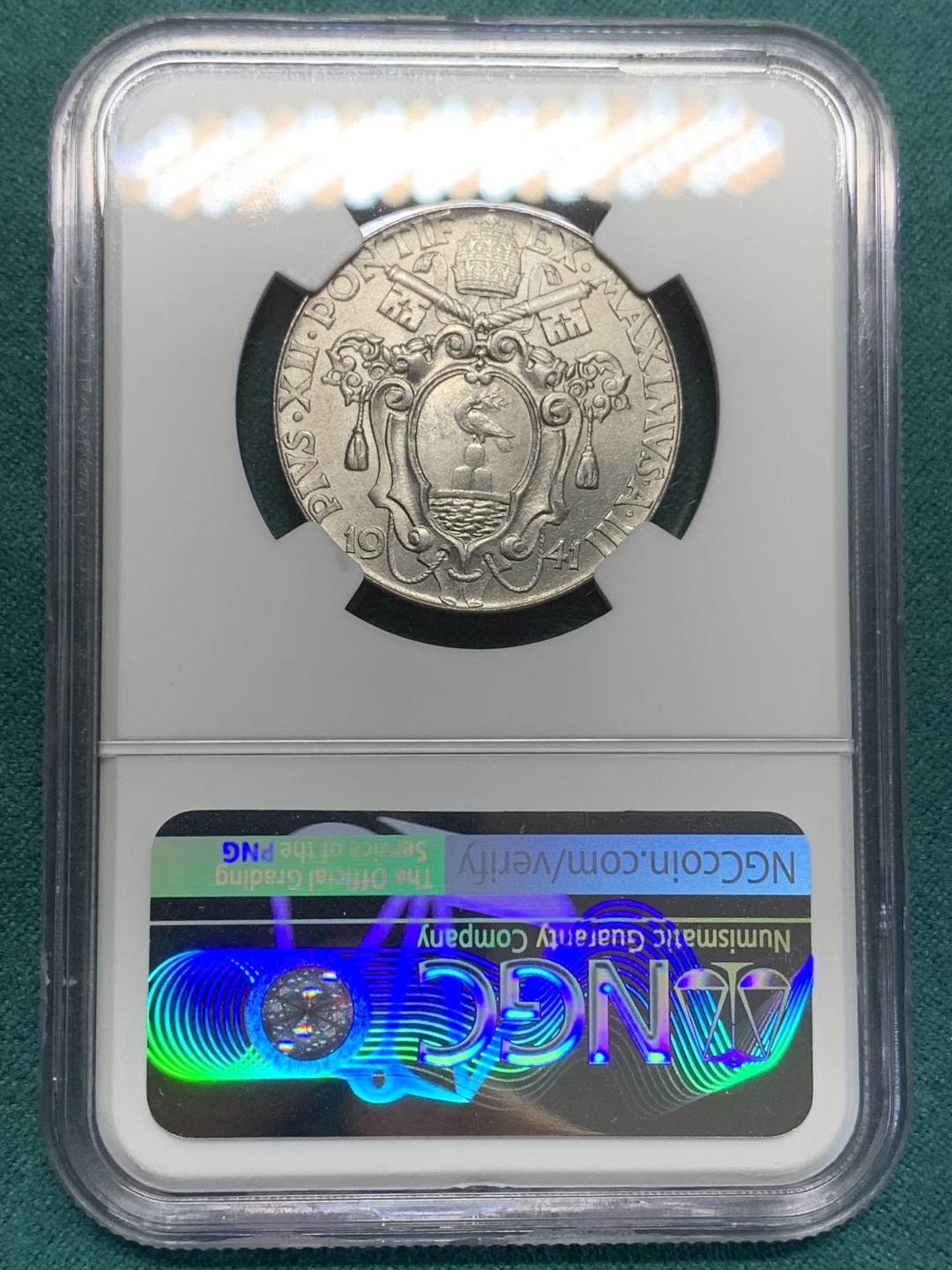 《竞宝斋》第159场-周日，周一 2场 (全场包邮) NGC-MS65，梵蒂冈1941年2里拉大镍币，耶稣救世寓意，梵蒂冈铸币设计巅峰