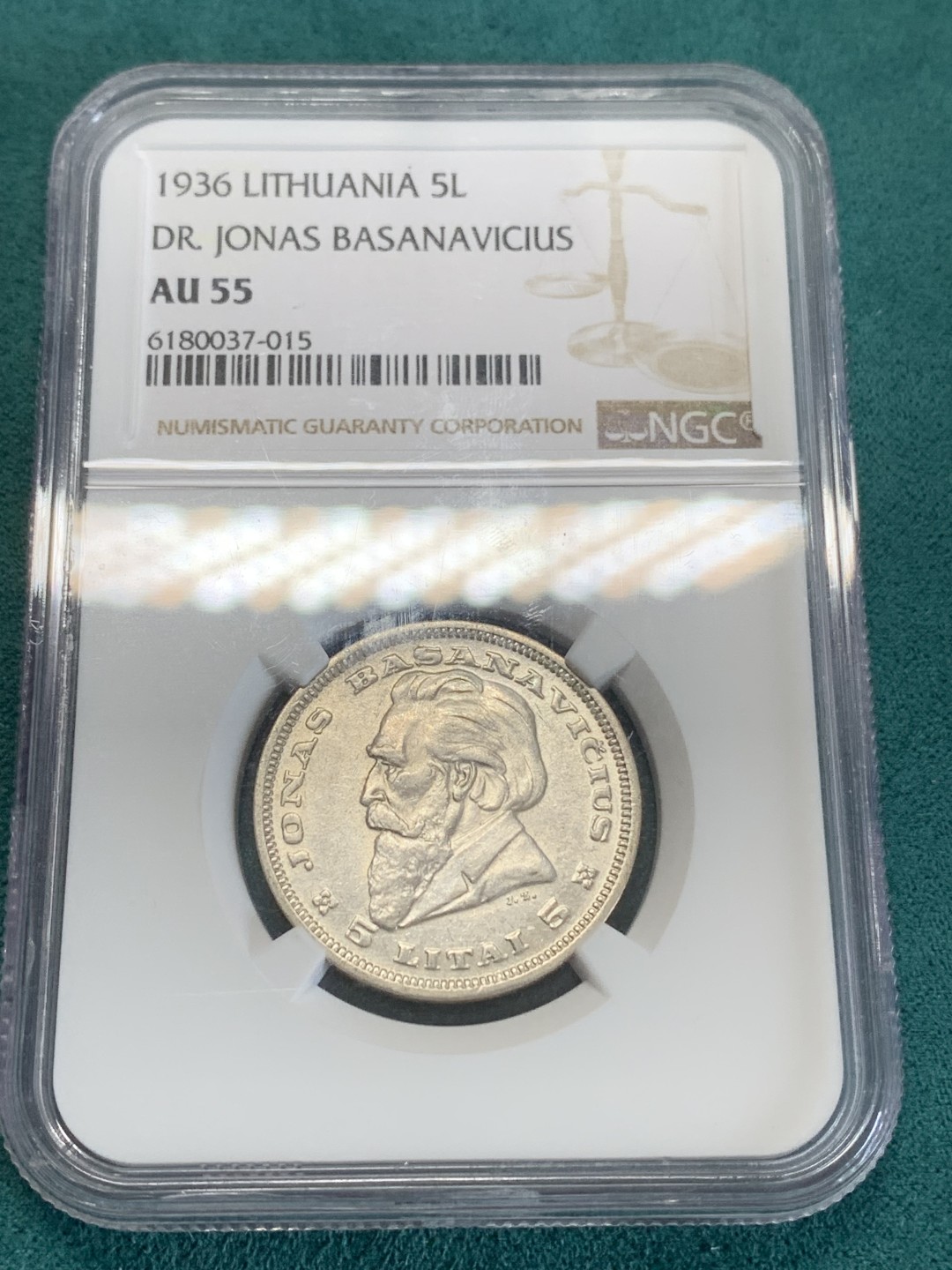 《竞宝斋》第159场-周日，周一 2场 (全场包邮) NGC-AU55 1936年立陶宛巴萨纳维丘斯5立特银币