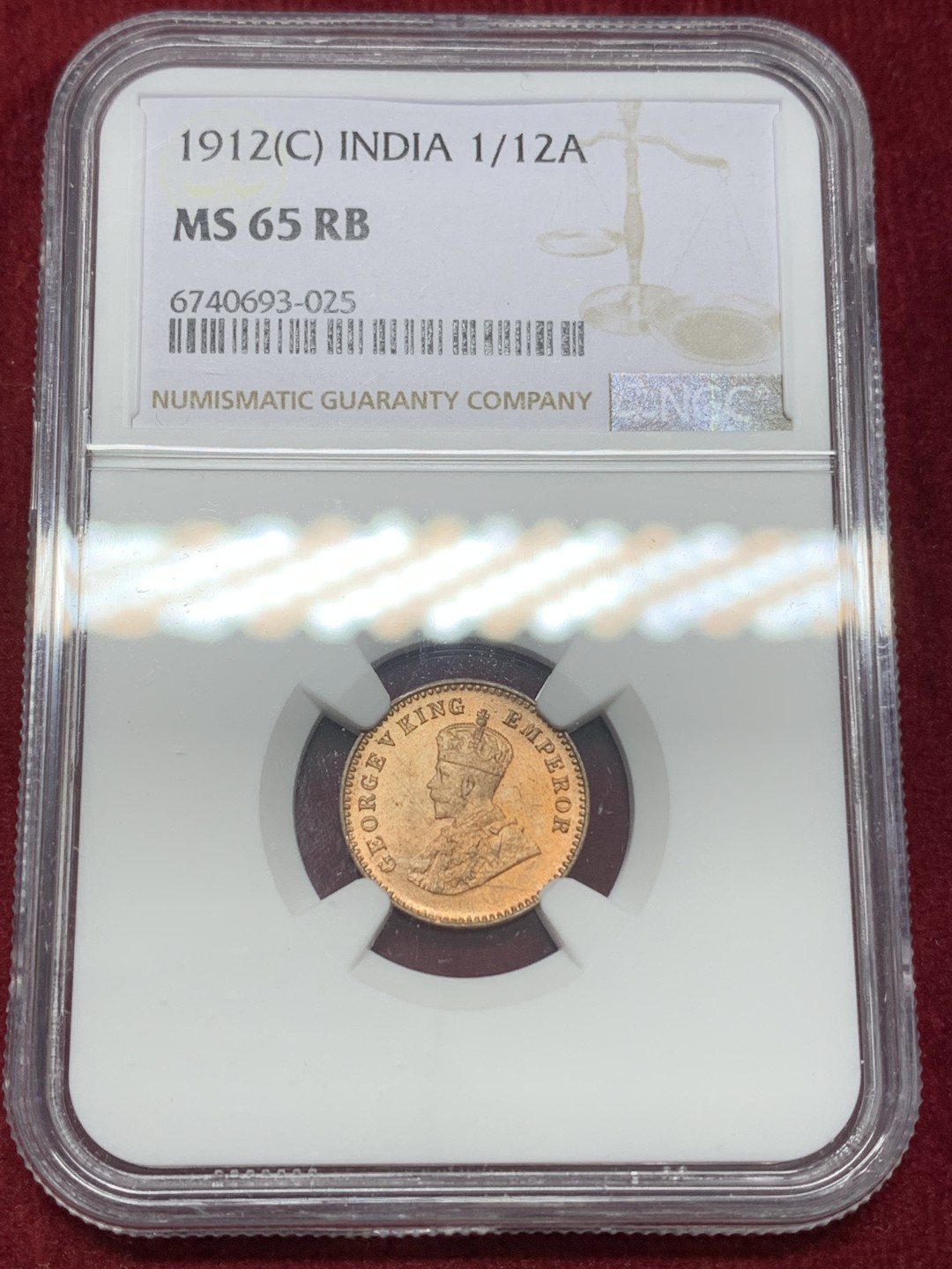 《竞宝斋》第159场-周日，周一 2场 (全场包邮) NGC-MS65RB 英属印度 乔治五世 1912年C版 1/12安娜 铜币 极品原光 完美铜币红光