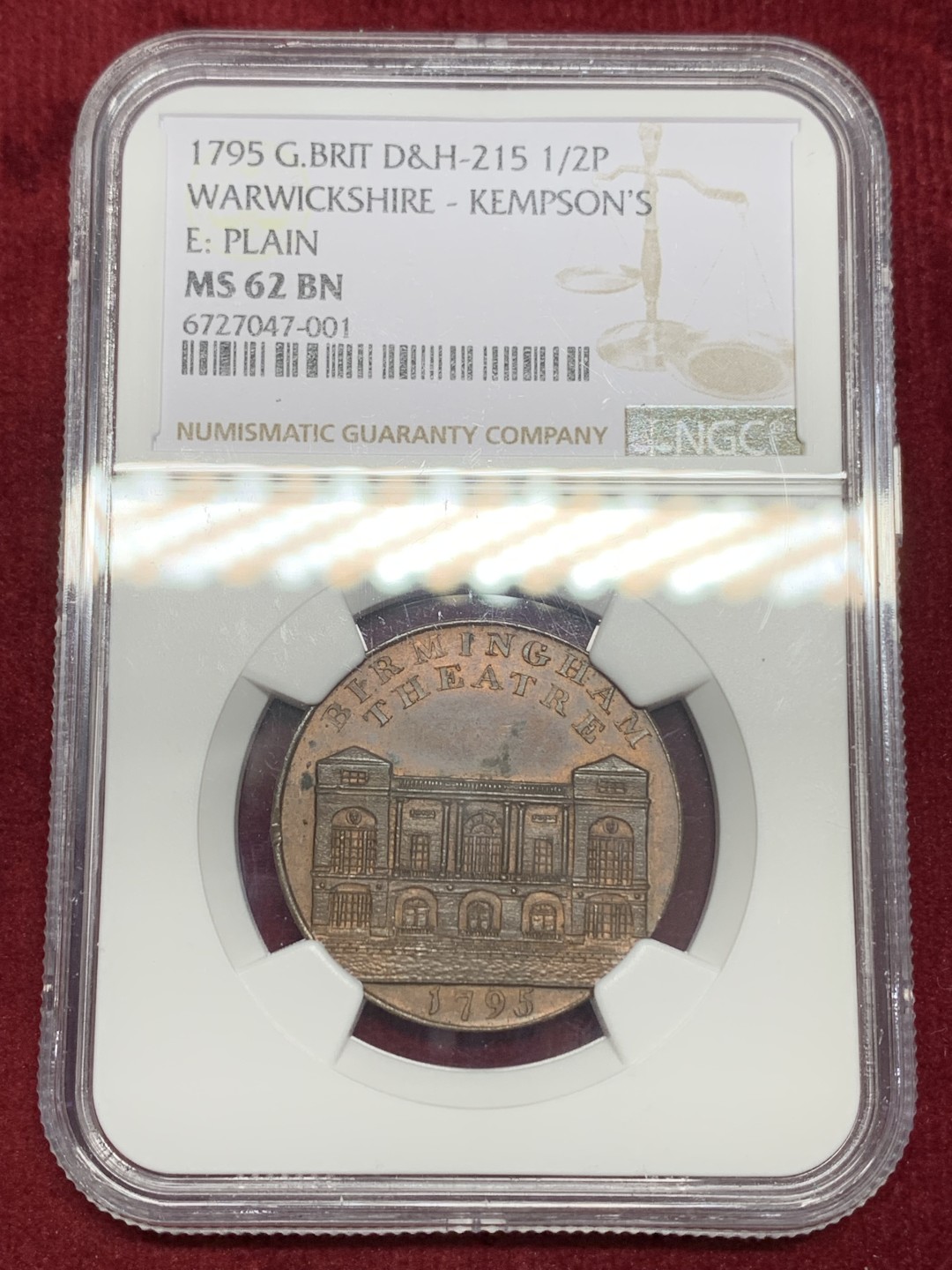 《竞宝斋》第159场-周日，周一 2场 (全场包邮) NGC-MS62BN 英国1795年半便士代币，巧克力铜光醇美厚重，景观建筑经典设计，裸币购于英国Coincraft