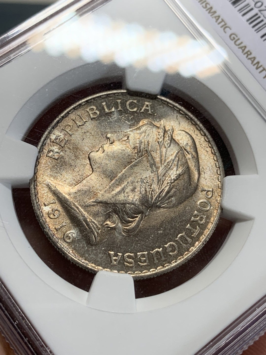 《竞宝斋》第159场-周日，周一 2场 (全场包邮) NGC-MS63 葡萄牙1916年 自由女神半圆 带彩包浆