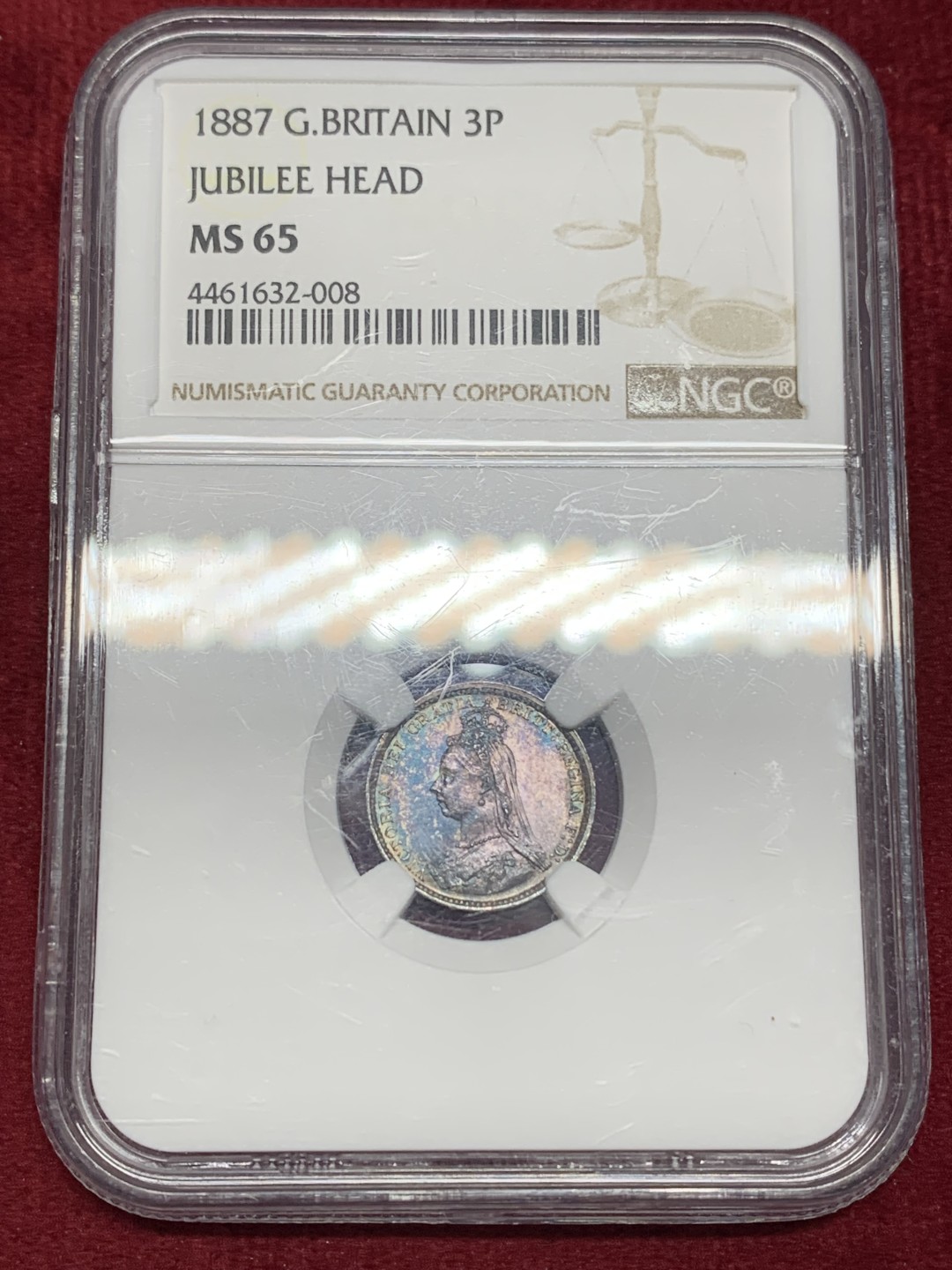 《竞宝斋》第159场-周日，周一 2场 (全场包邮) NGC-MS65 英国1887年维多利亚高冠三便士，原始彩浆，光度一流