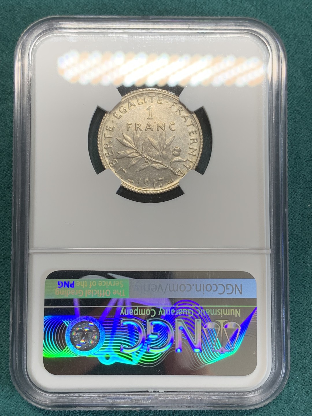 《竞宝斋》第159场-周日，周一 2场 (全场包邮) NGC-MS61 法国1917年 播种女神1法郎银币 感觉低评