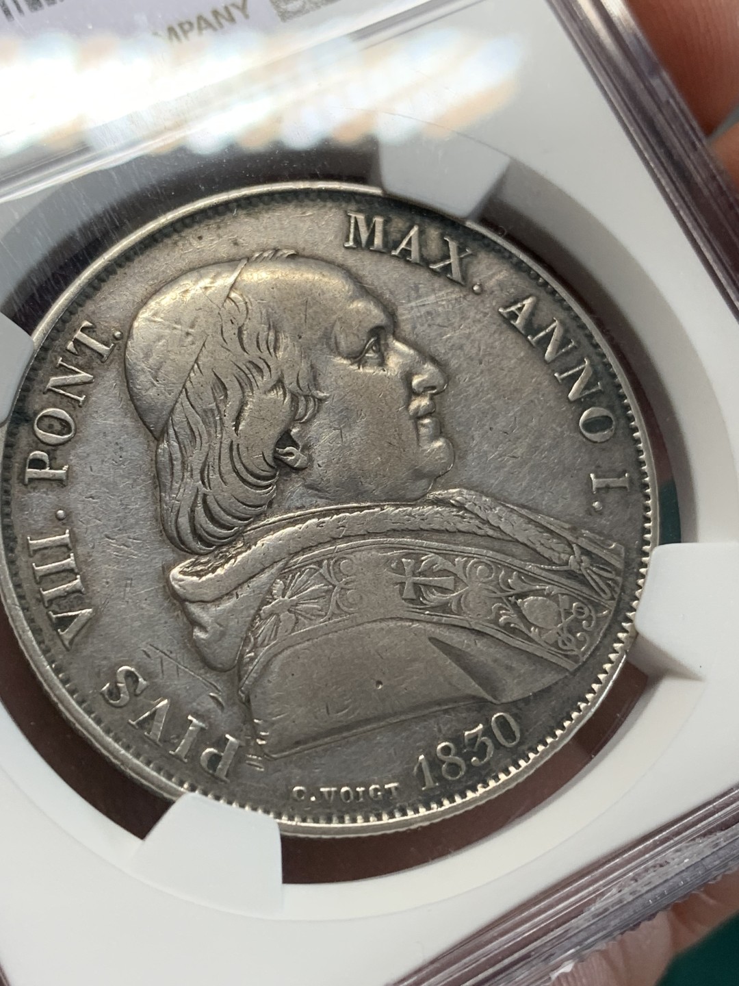 《竞宝斋》第159场-周日，周一 2场 (全场包邮) NGC-XF 梵蒂冈1830年 庇护八世 1斯库多大银币 老包浆居然说有洗没给分 可惜了