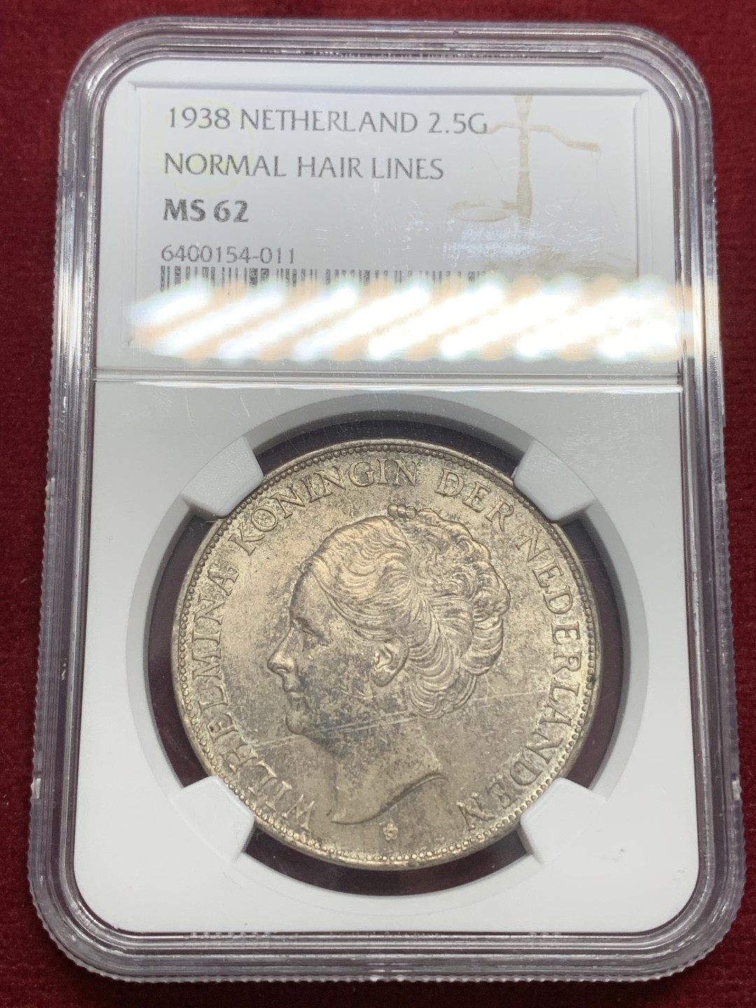 《竞宝斋》第159场-周日，周一 2场 (全场包邮) NGC MS62 1938年荷兰女王威廉明娜2.5盾银币